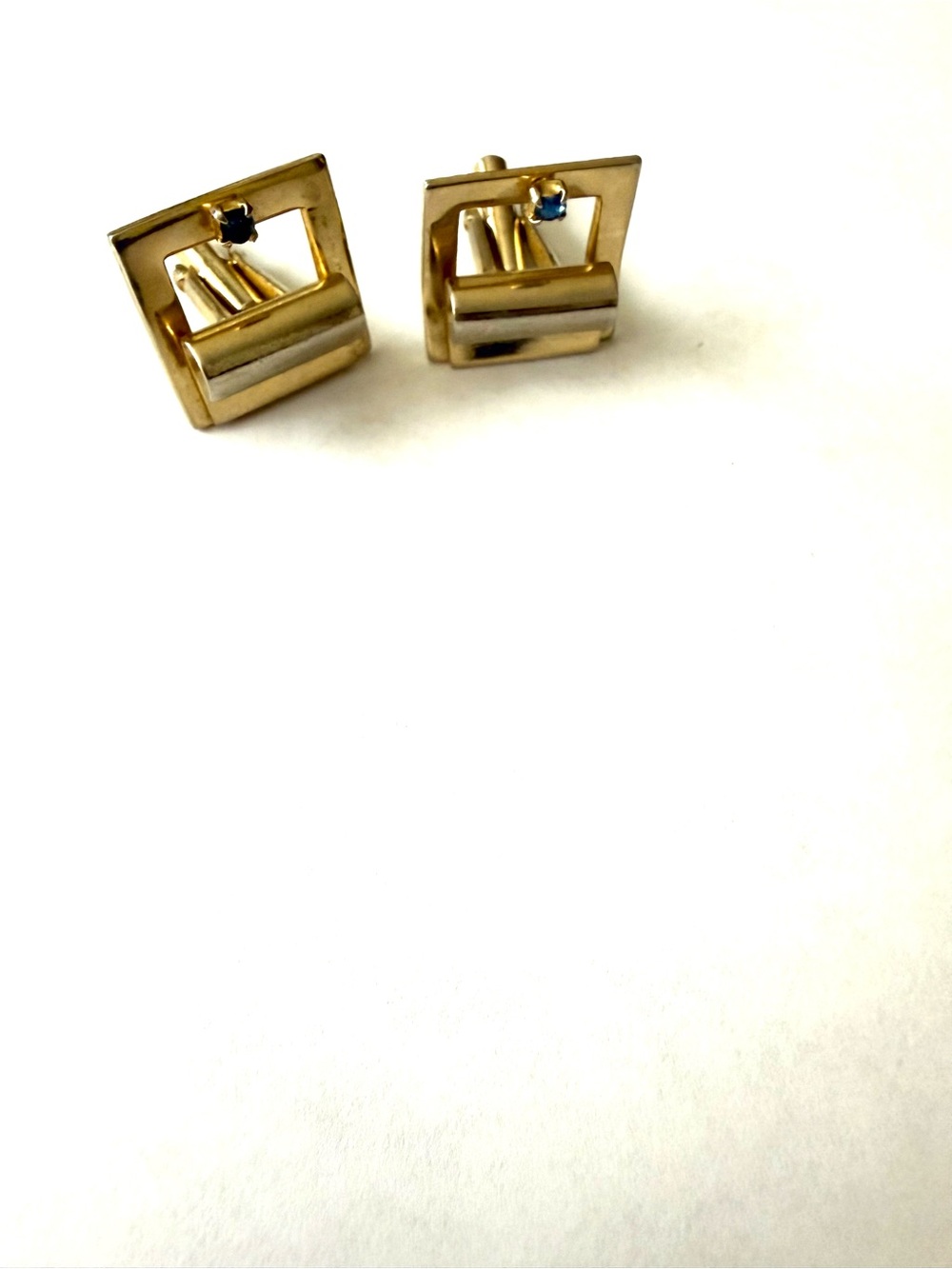 Gold Tone Square Cufflinks with Blue Crystal Accent -